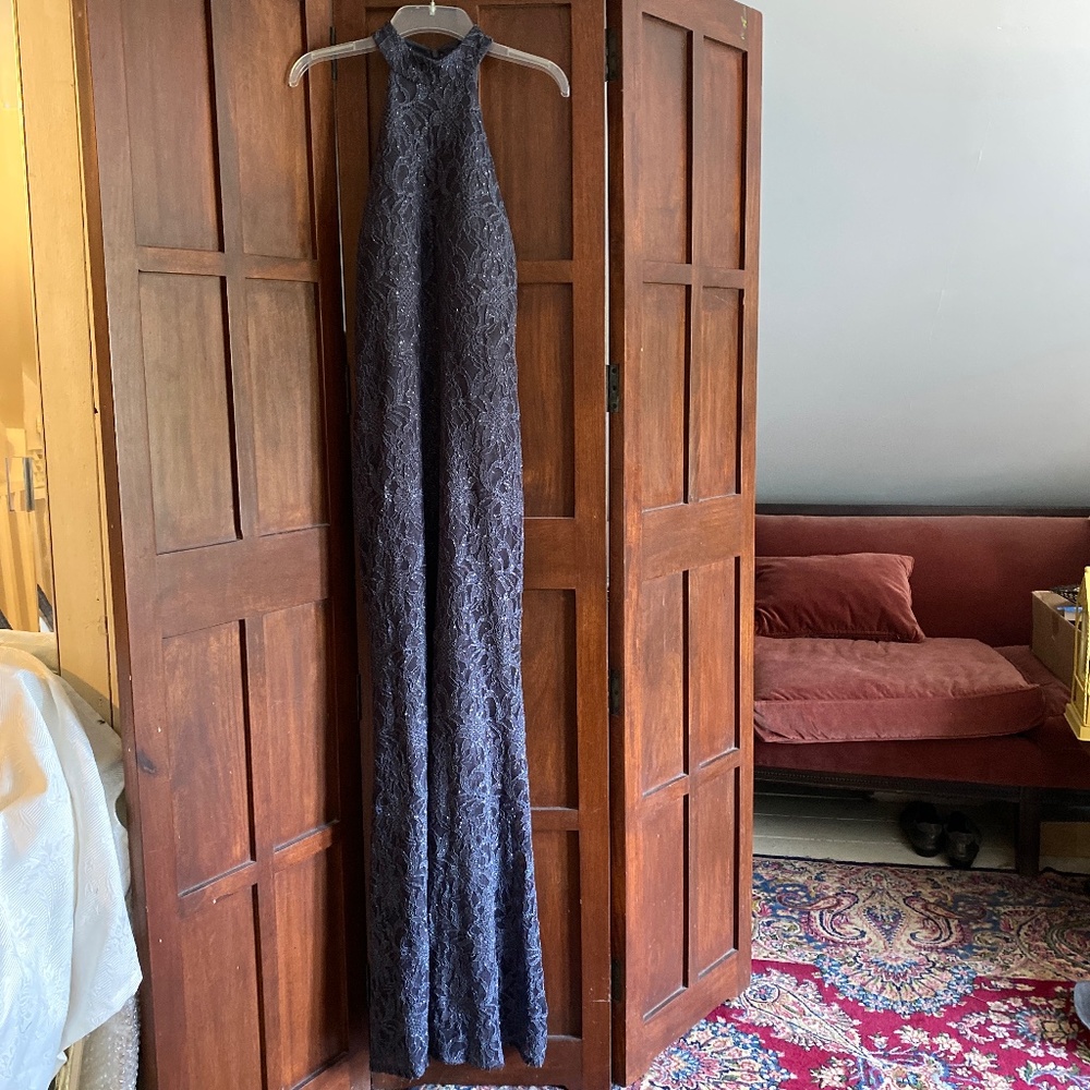 Mother of the bride or groom sparkly lace halter gown.